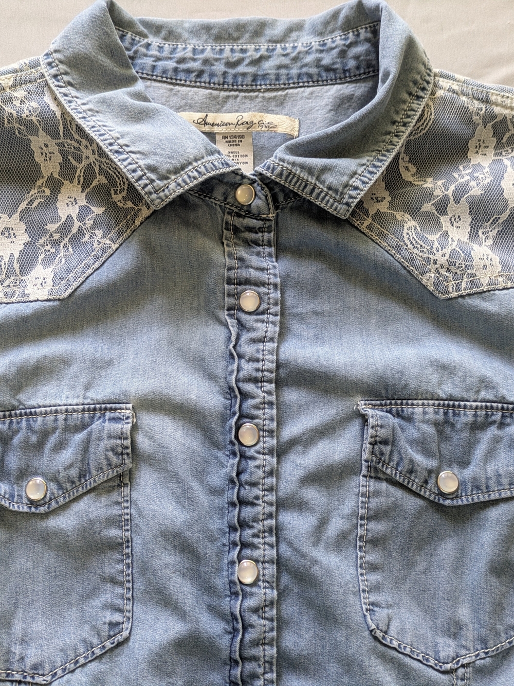 American Rag Light Blue Denim Button-Front Shirt with White Lace Yoke